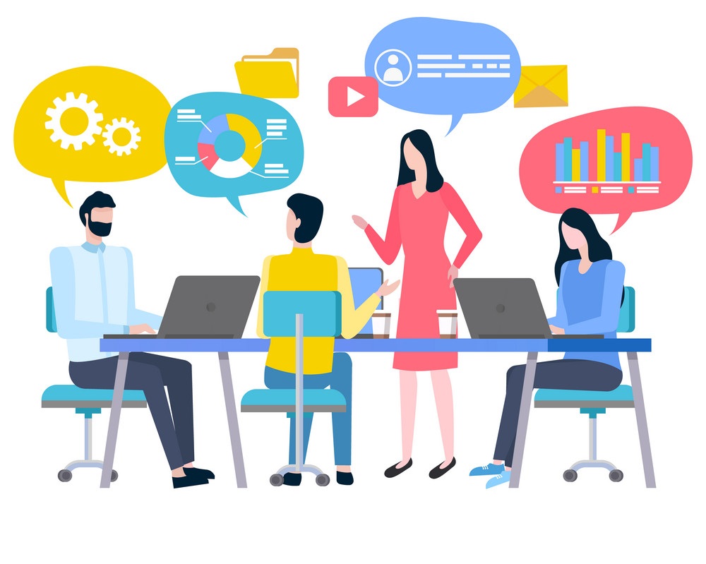 Employees Teamwork with Laptop, Strategy Vector account managment services , manage your seller account amazon meesho flipkart